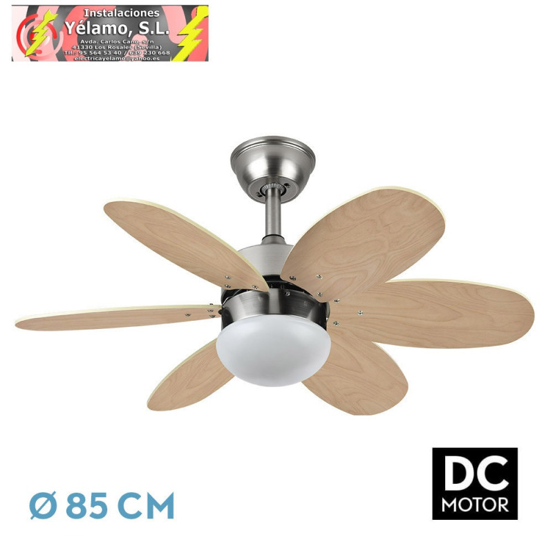 VENTILADOR DC ALVES 2XE27 NIQUEL 6 ASPAS REV. HAYA/PLATA 41X85D C/ REMOTO Y TEMPORIZADOR