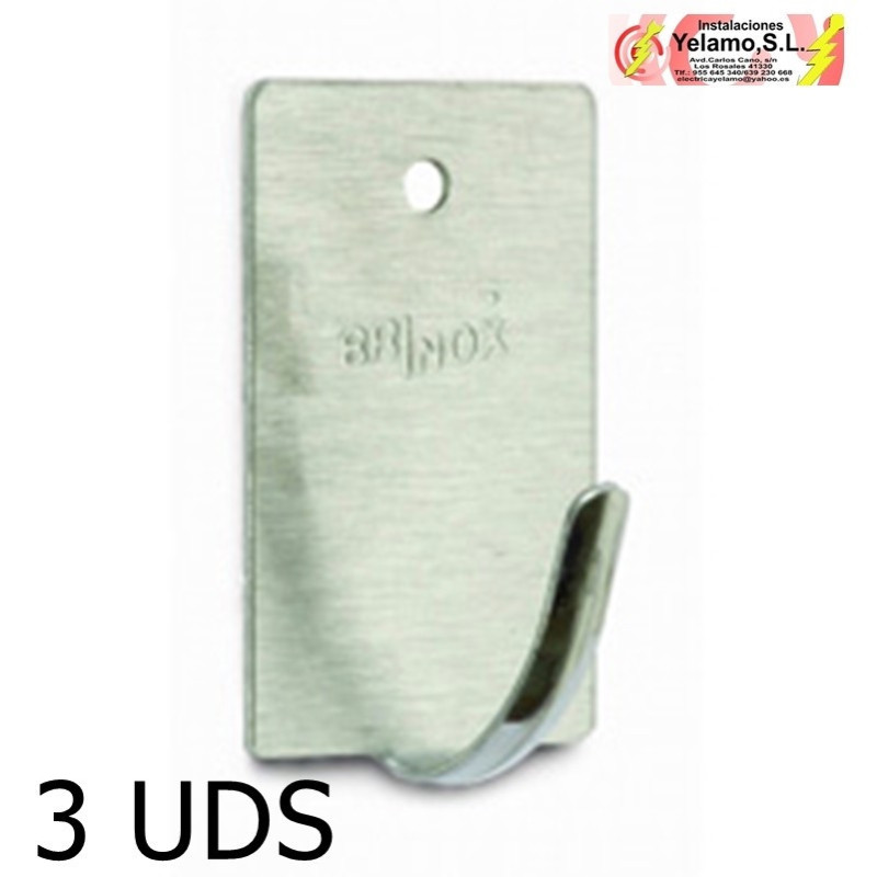COLGADOR GANCHO LARGO. ADHESIVO ACERO INOXIDABLE. BLISTER 3 UNIDADES