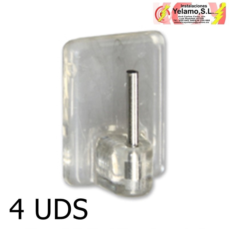 PERCHA VISILLOS PEQUEÑA ADHESIVA. PLÁSTICO E INOXIDABLE. TRANSPARENTE. BLISTER 4 UNIDADES