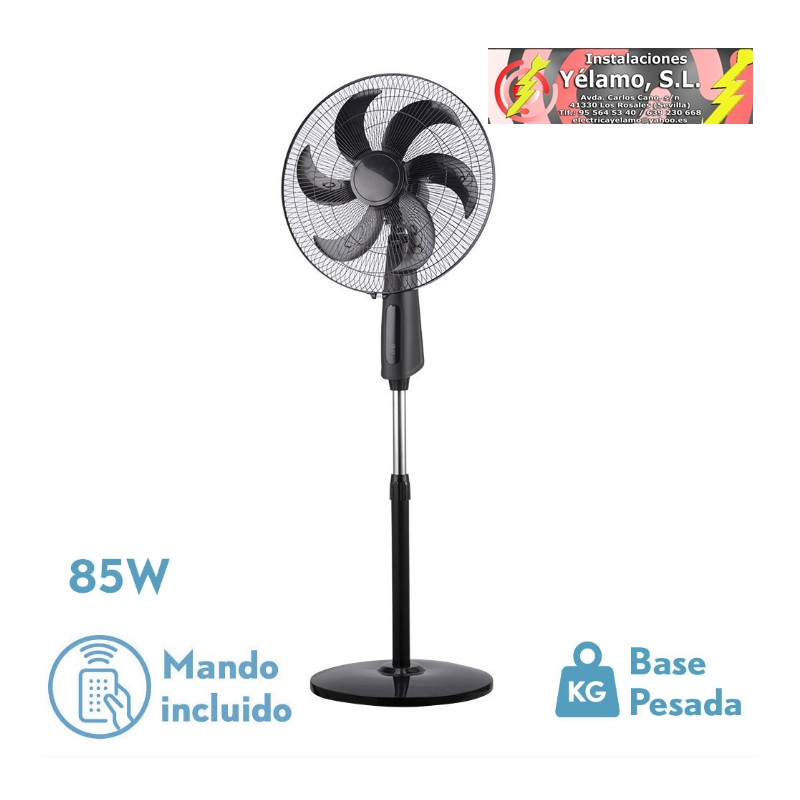 VENTILADOR DE PIE TOLON NEGRO 3 VEL.85W 6ASPAS REMOTO TEMPORIZADOR 3 MODOS DE AIRE REGX50X43 cm
