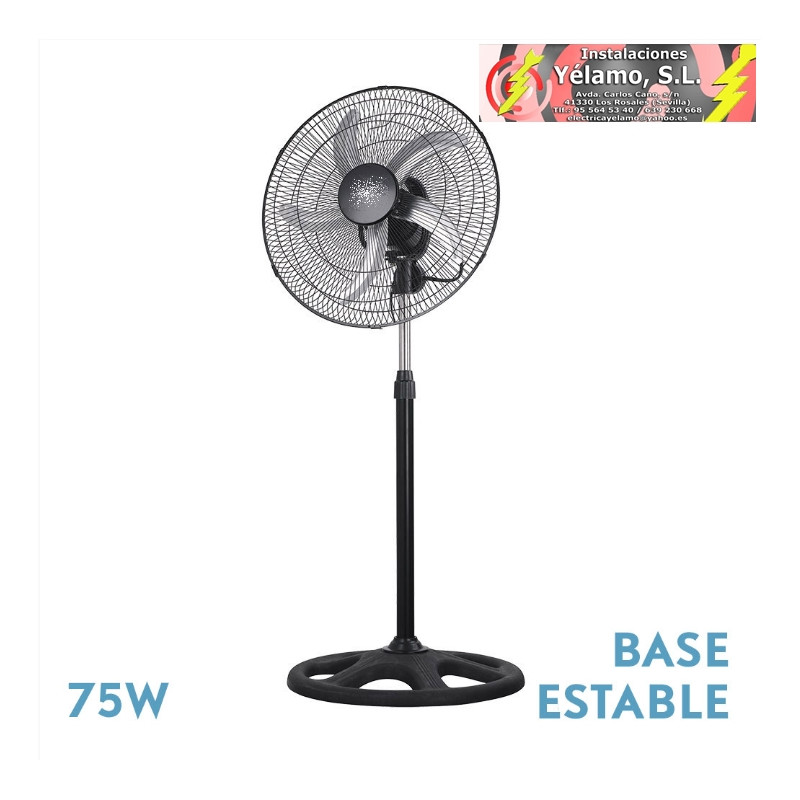 VENTILADOR DE PIE REFORZADO NEGRO 3 VEL. 75W 5 ASPAS ALUMINIO PLATA GIRO 360 REGX50X50 cm