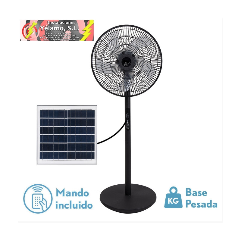 VENTILADOR DE PIE SOLAR RIALTO NEGRO 30W, 3 VELOCIDADES, 5 ASPAS, PUERTO USB, BATERIA LITIO 112X41X38cm