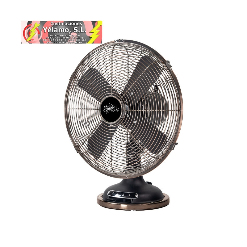 VENTILADOR SOBREMESA CAPITOLIO NEGRO/COBRE 37W 3 VELOCIDADES 4 ASPAS FIJO Y ROTATORIO 42X35X27cm