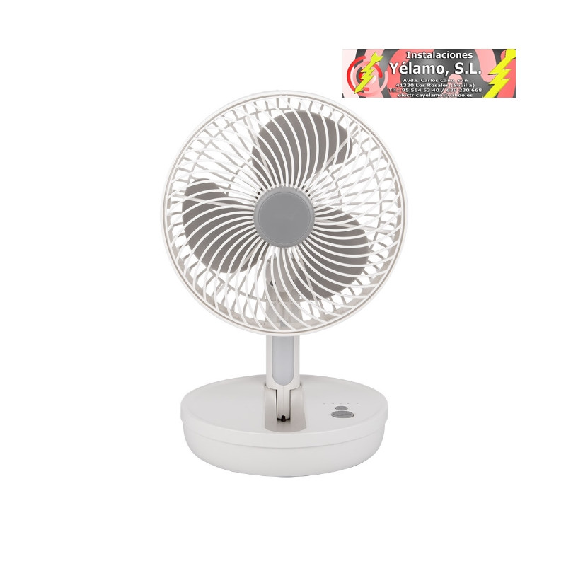 VENTILADOR INALAMBRICO SOBREMESA PACHECO BLANCO/GRIS 5W 3 VELOCIDADES RECARGABLE C/LUZ, ALIM.USB, ORIENTABLE 3ASPAS 29X19X16cm