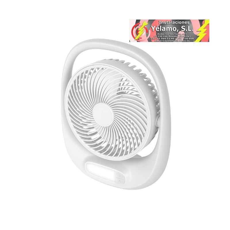 VENTILADOR INALAMBRICO SOBREMESA AGUILA BLANCO 5W 3VEL RECARGABLE C/LUZ, ALIM.USB ORIENTABLE 180º 3ASP 30X25X8 cm