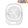 VENTILADOR INALAMBRICO SOBREMESA AGUILA BLANCO 5W 3VEL RECARGABLE C/LUZ, ALIM.USB ORIENTABLE 180º 3ASP 30X25X8 cm