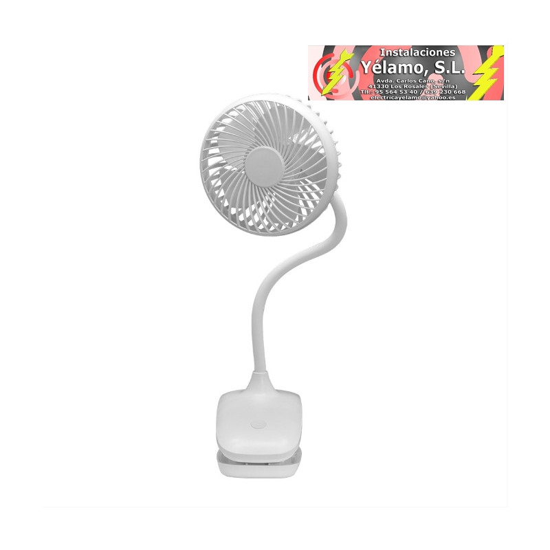 VENTILADOR SOBREMESA CON PINZA SINES BLANCO 5W 3+1VELOCIDADES RECARGABLE ALIM.USB 5 ASPAS MOTOR DC 36X12,5X11,5cm INALAMBRICO