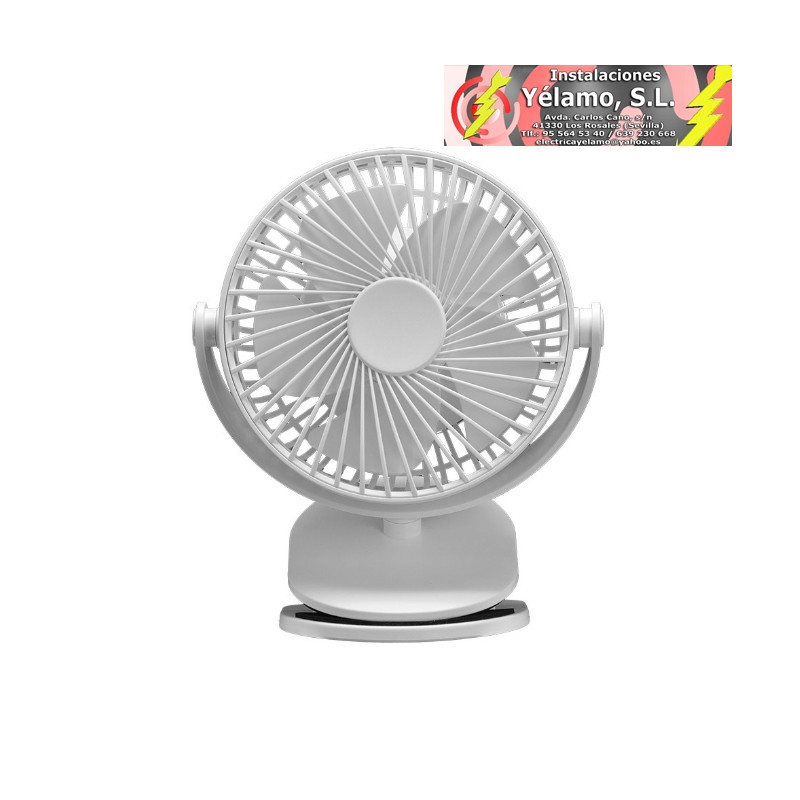 VENTILADOR SOBREMESA CON PINZA PEÑAFIEL BLANCO 5W, 3+1VEL, RECARGABLE ALIMENTACION USB 5ASPAS MOTOR DC 18X16X13cm INALAMBRICO