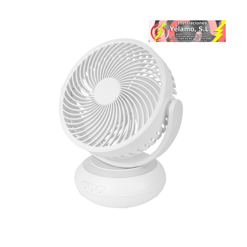 VENTILADOR INALAMBRICO SOBREMESA BENGALI BLANCO 5W 3VEL RECARGABLE C/LUZ, ALIMENT.USB, FIJO Y ROTATORIO 3ASPAS 27X23X16cm