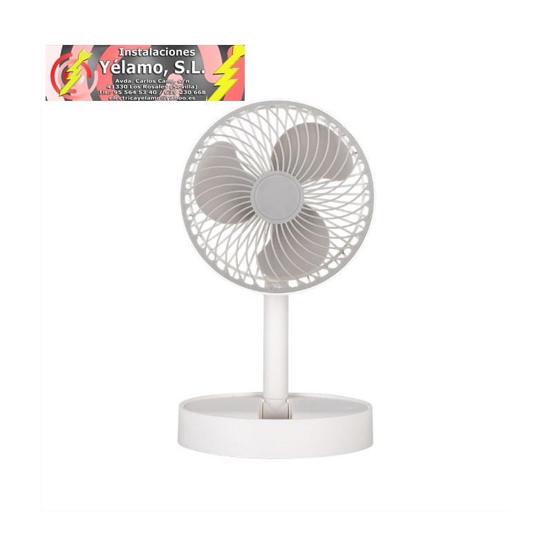 VENTILADOR INALAMBRICO DC PORTATIL JERICO BLANCO/GRIS 5W 3VEL RECARGABLE, ALIM.USB, ORIENTABLE 3 ASPAS REGX17X17cm