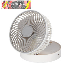 VENTILADOR INALAMBRICO DC PORTATIL JERICO BLANCO/GRIS 5W 3VEL RECARGABLE, ALIM.USB, ORIENTABLE 3 ASPAS REGX17X17cm