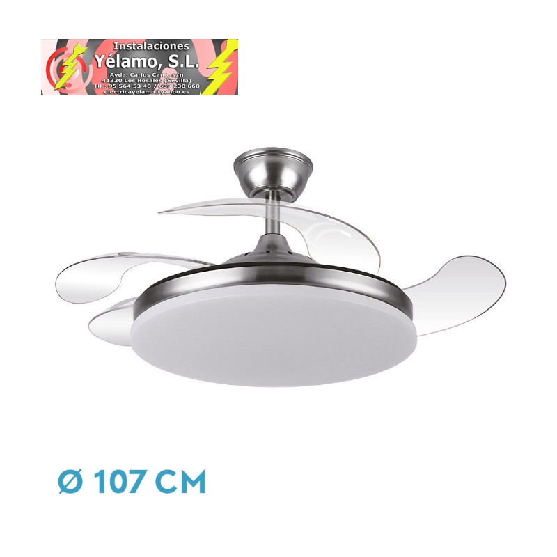 VENTILADOR DC TRIDENTE 59W NIQUEL 4ASPAS DESP.107D 6980LM REG.INTENSIDAD REMOTO+TEMPORIZADOR+MEMORIA 3000-4000-6000K