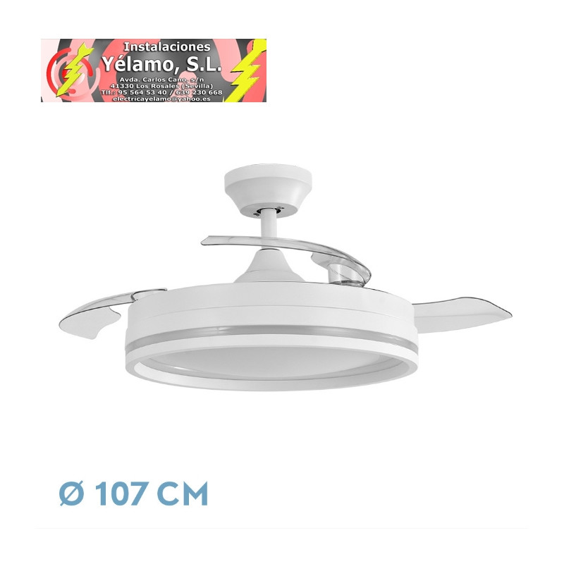 VENTILADOR DC CERRATO BLANCO 72W 3ASPAS DESPLEGABLES 107D 7200LM 6 VEL 3000K,4500K,6000K, REMOTO+TEMPORIZADOR+MEMORIA