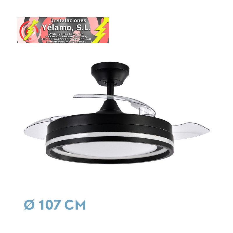 VENTILADOR DC CERRATO NEGRO 72W 3ASPAS DESPLEGABLES 107D 7200LM 6VEL 3000K,4500K,6000K, REMOTO+TEMPORIZADOR+MEMORIA