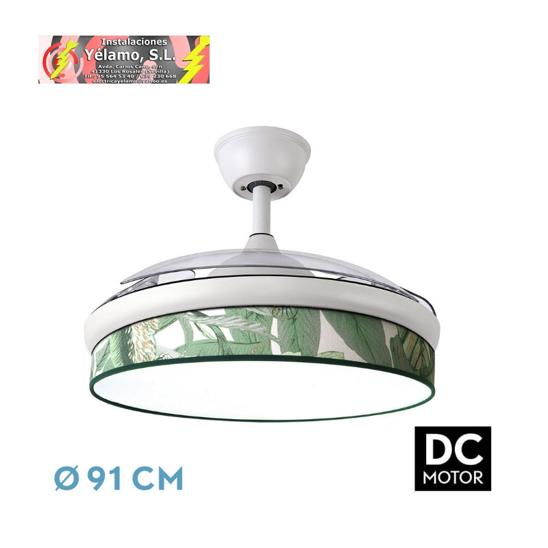 VENTILADOR DC MODA 72W BLANCO/HOJA VERDE 91D 3ASPAS 7200LM 3000K,4000K,6000K REMOTO+MEMORIA+TEMPORIZADOR