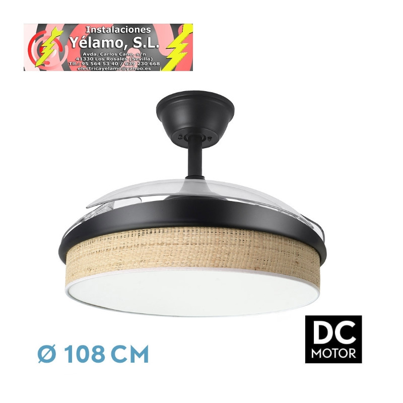 VENTILADOR DC MODA 72W NEGRO/CAÑIZO CLARO 108D 3ASPAS 7200LM 3000K,4000K,6000K REMOTO+MEMORIA+TEMPORIZADOR