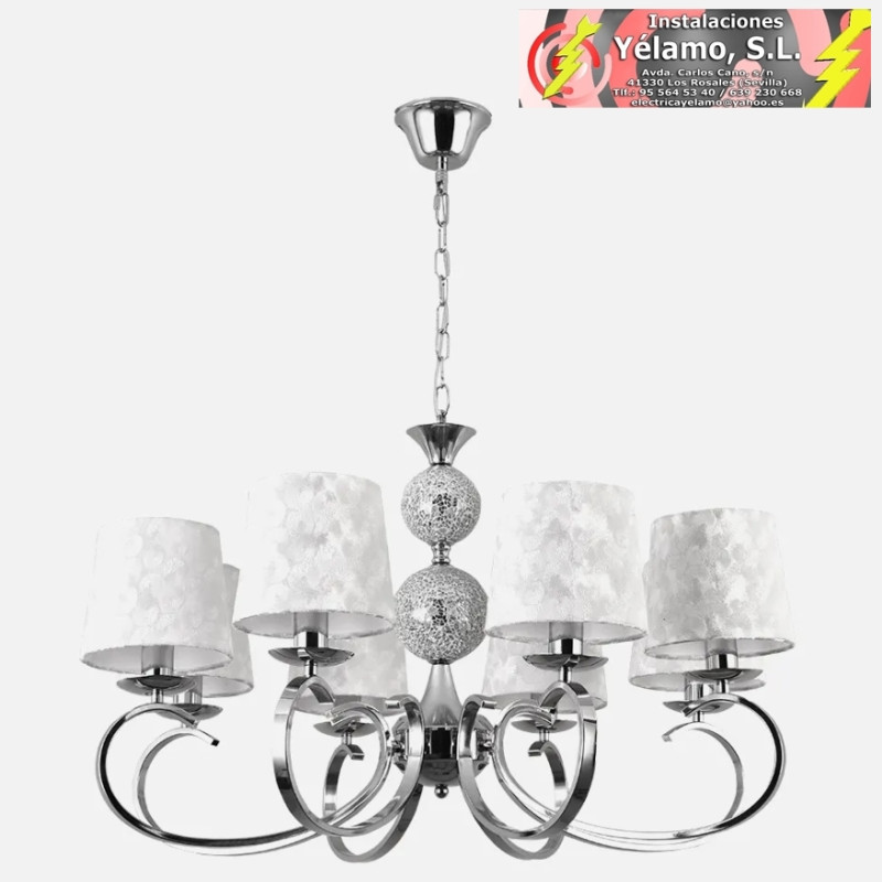 LÁMPARA ÚBEDA 8XE14 CROMO PANTALLA BLANCA REGX76X76 cm