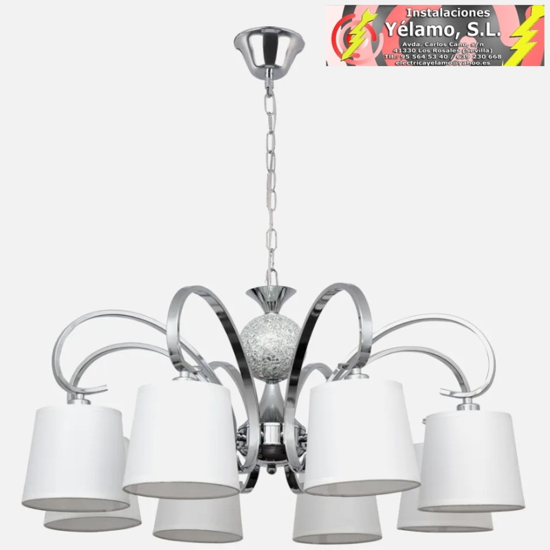 LÁMPARA CONCORDIA 8XE14 CROMO PANTALLA BLANCA 50-70X78D