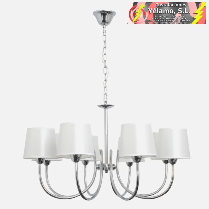 LÁMPARA GUADALAJARA 8XE14 CROMO PANTALLA BLANCO
