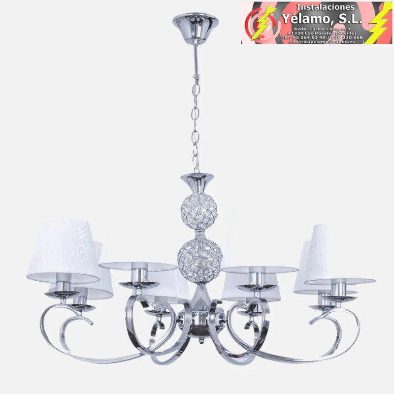 LÁMPARA ORDÓÑEZ 8XE14 CROMO PANTALLA BLANCA REGX76X76cm