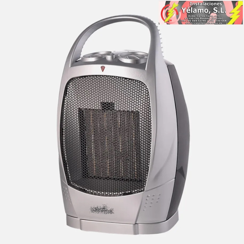 TERMOVENTILADOR CERÁMICO 1500W NEGRO/PLATA OSCILANTE 2POTENCIAS 3FUNCIONES TERMOST.REG.ANTIVUELCO 29x18,5x15cm