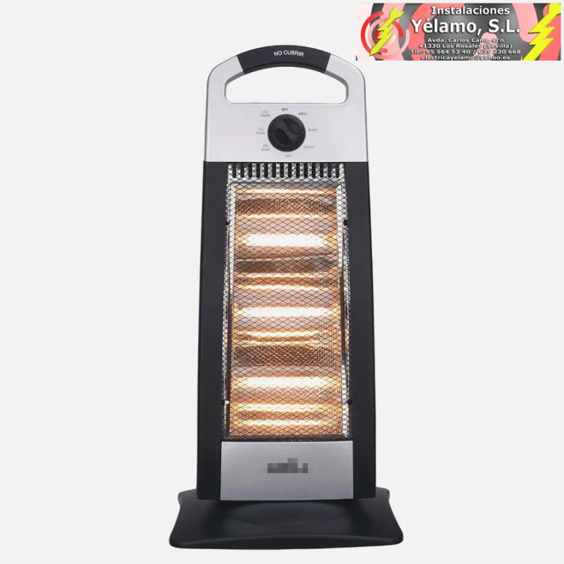 ESTUFA ELECT.CANDENTE 1200W NEGRO/PLATA 3POTENCIAS OSCILANTE 3ELEMENTOS, ASA Y ANTIVUELCO 62x28x24cm