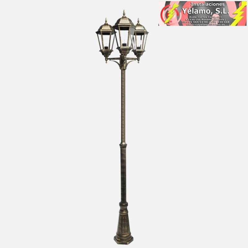 FAROLA EXTERIOR ALUMINIO REGULUS 3xE27 NEGRO/ORO 230x60x60cm REGULABLE EN ALTURA IP44