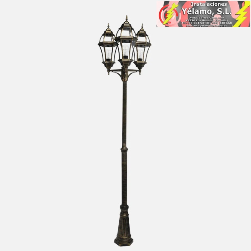 FAROLA EXTERIOR ALUMINIO BECRUX 3xE27 NEGRO/ORO 234x60x60cm REGULABLE EN ALTURA IP44